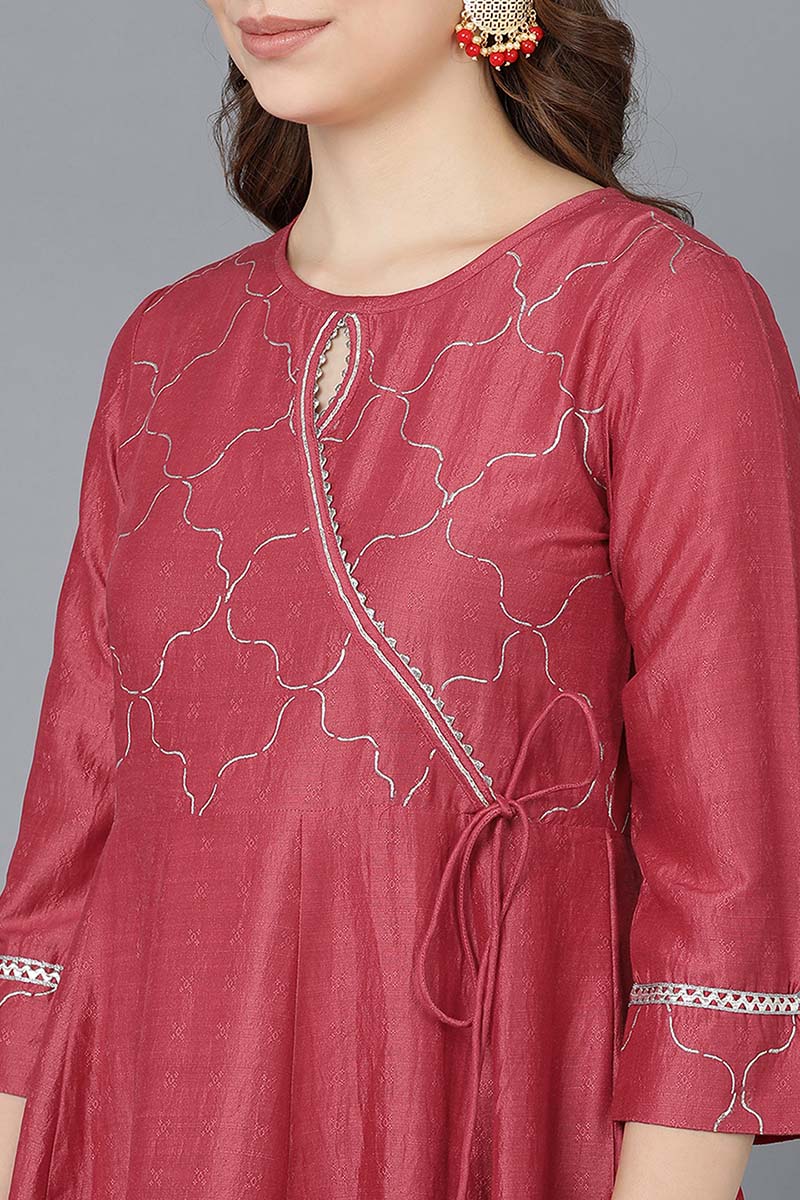 Women Red Poly Silk Embroidered Kurta Trousers With Dupatta  | SHOBITAM