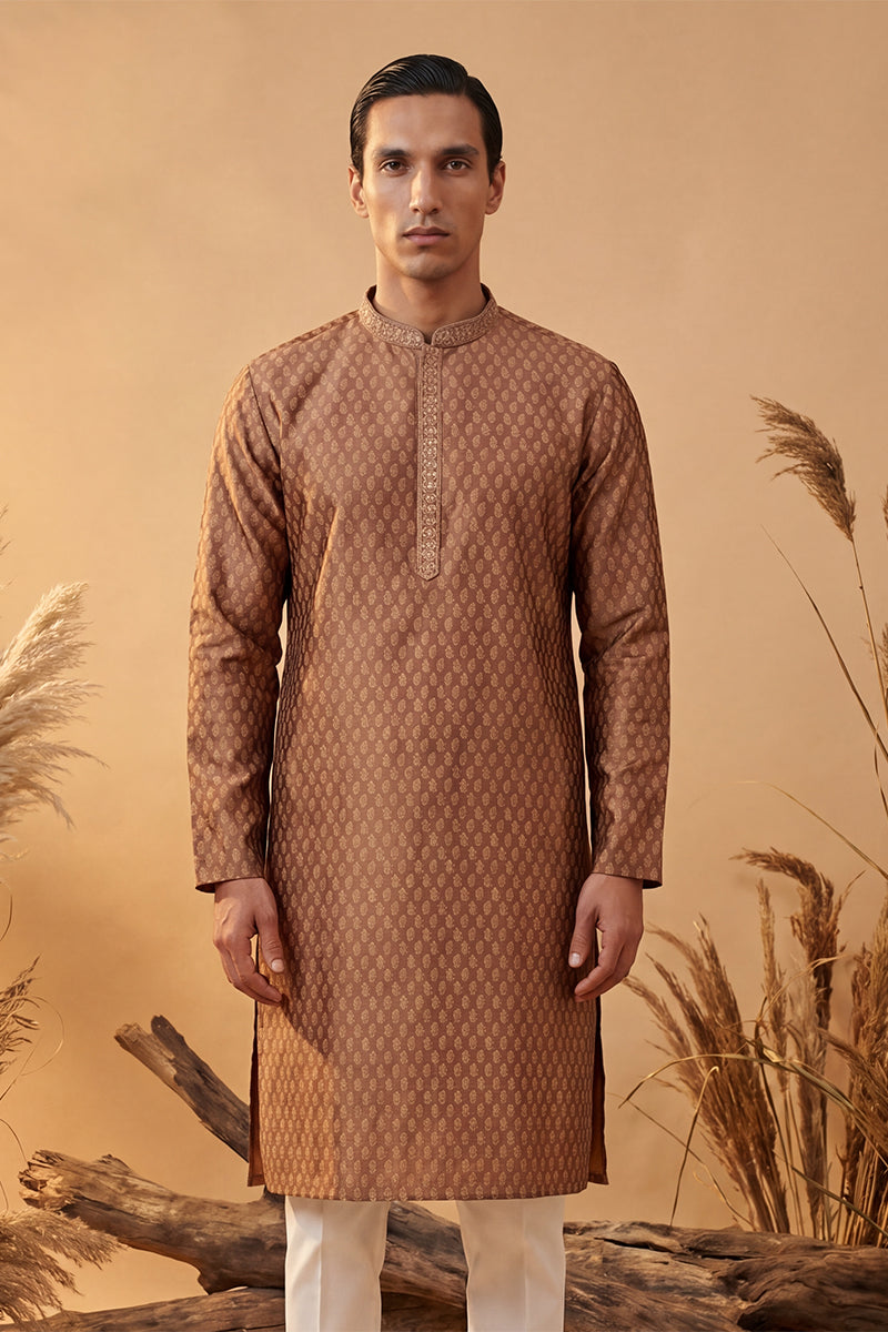 Mens Brown Jacquard Woven Design Straight Kurta With Trouser | SHOBITAM