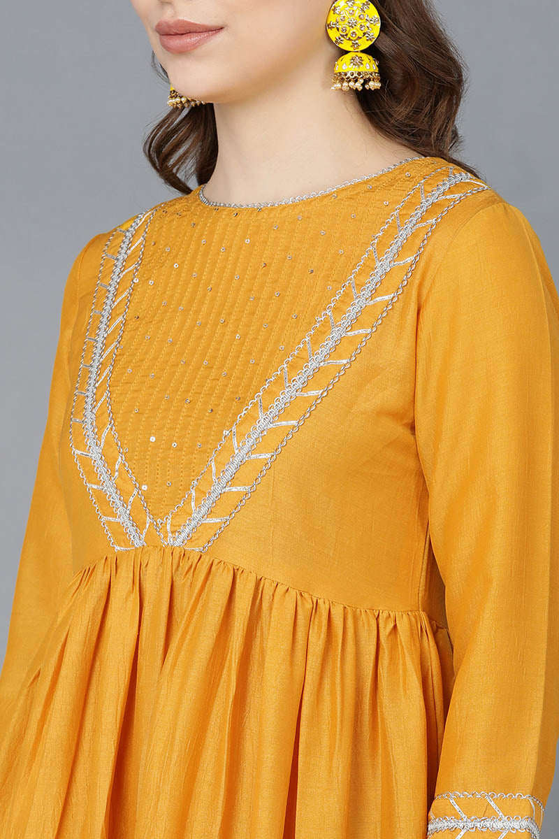 Mustard Poly Silk Flared Suit Set | SHOBITAM