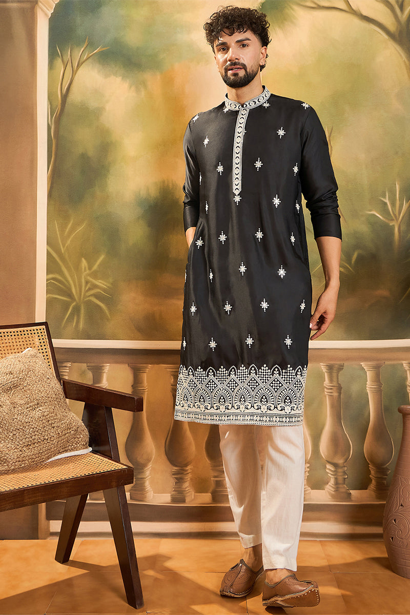 Black Silk Blend Solid Embroidered Straight Kurta | SHOBITAM