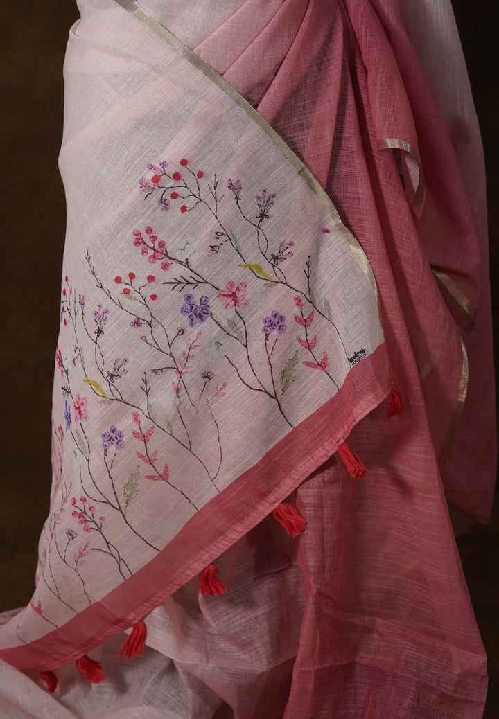 Preorder : Linen Cotton Saree with Gradient Ombre tone and Floral Digital Prints | SHOBITAM