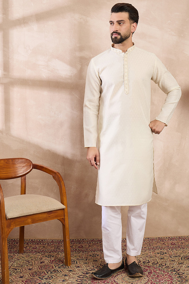 Off White Silk Blend Solid Woven Design Straight Kurta For Men | SHOBITAM