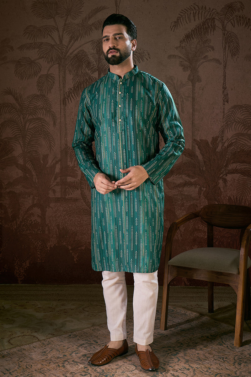 Turquoise Blue Silk Blend Floral Printed Straight Kurta With Trouser | SHOBITAM