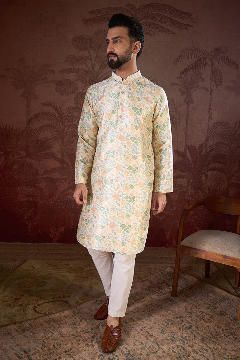 Off White Silk Blend Floral Printed Straight Kurta For Men | SHOBITAM