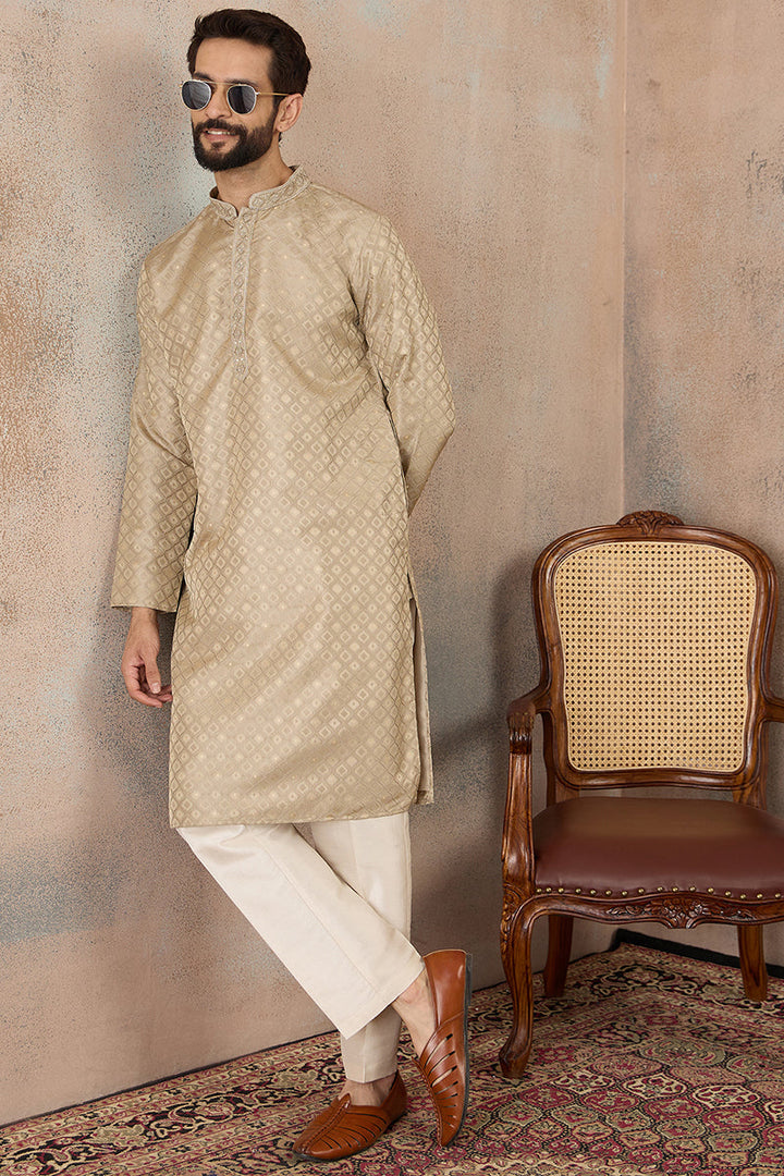 Mens Olive Jacquard Ethnic Motifs Embroidered Kurta | SHOBITAM