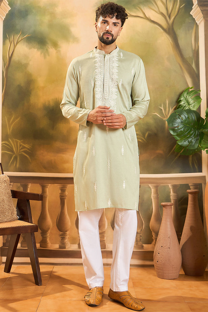 Green Silk Blend Solid Embroidered Straight Kurta  | SHOBITAM