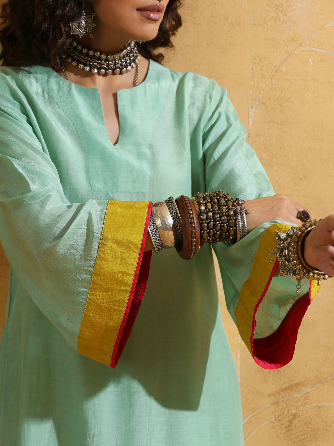 Mint Green Muslin Silk High-Slit Kurta Pant Set  | SHOBITAM