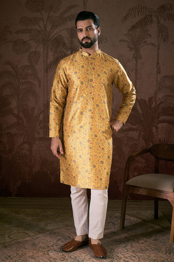 Yellow Silk Blend Floral Printed Straight Kurta For Men | SHOBITAM