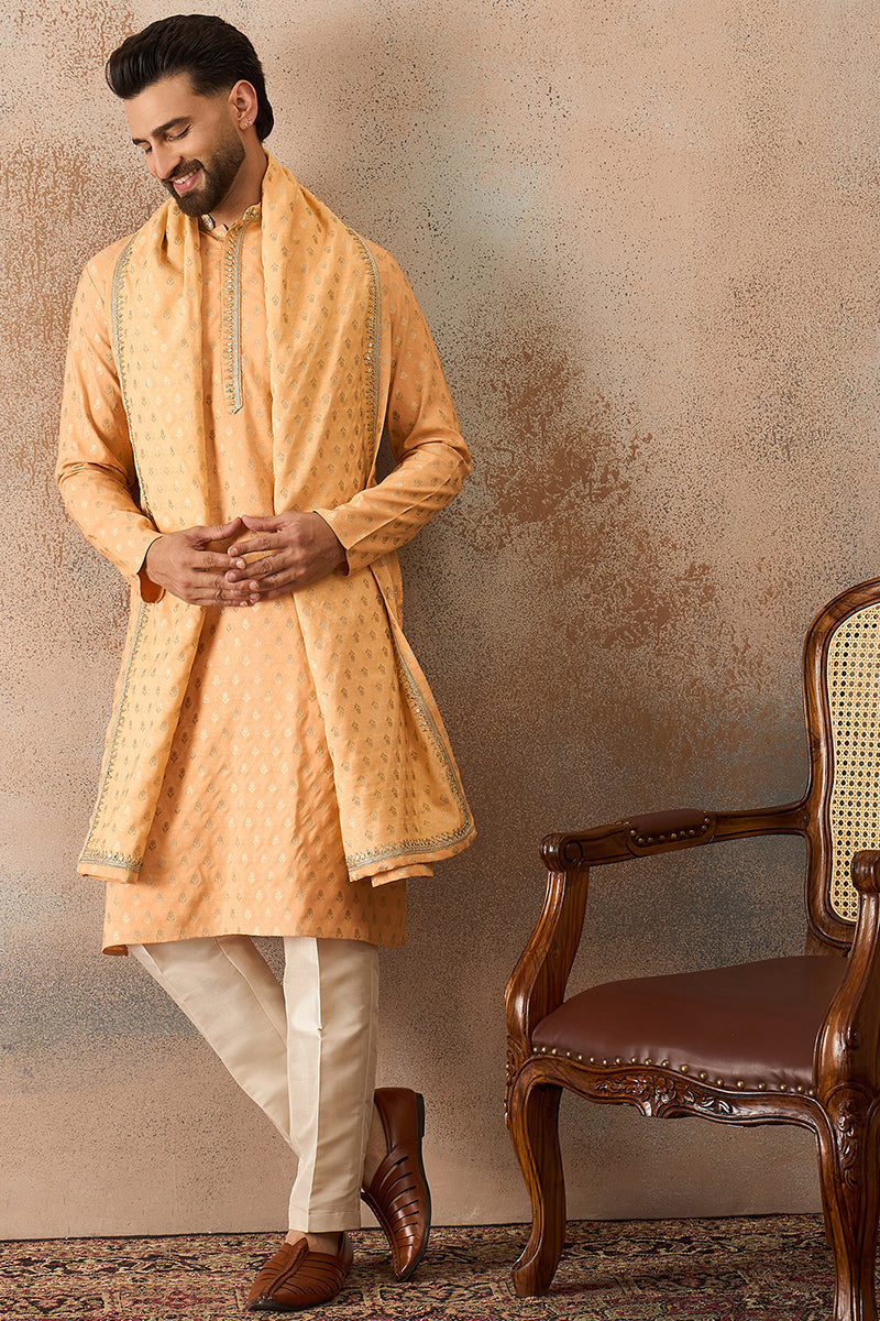 Men Peach Jacquard Woven Design Floral Straight Kurta Sets | SHOBITAM