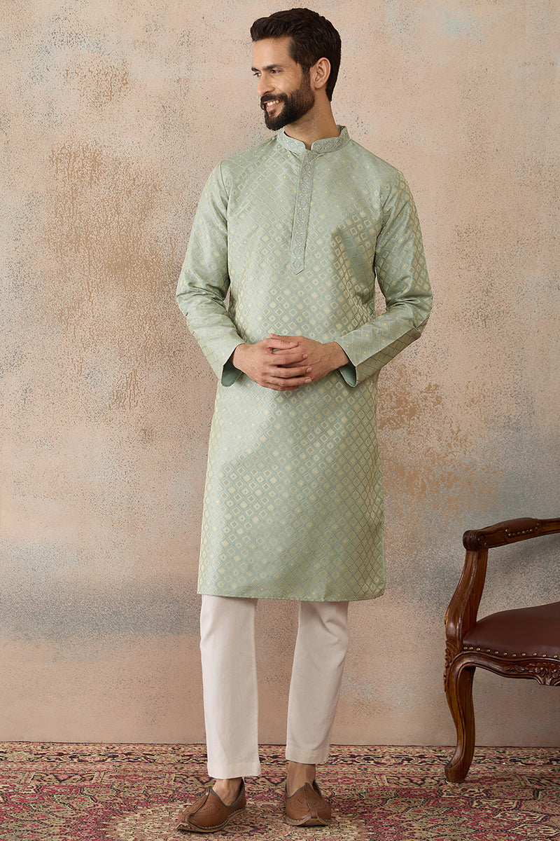 Mens Teal Jacquard Ethnic Motifs Embroidered Kurta | SHOBITAM