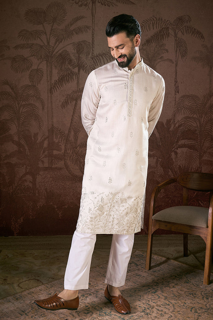 White Silk Blend Floral Embroidered Straight Kurta | SHOBITAM