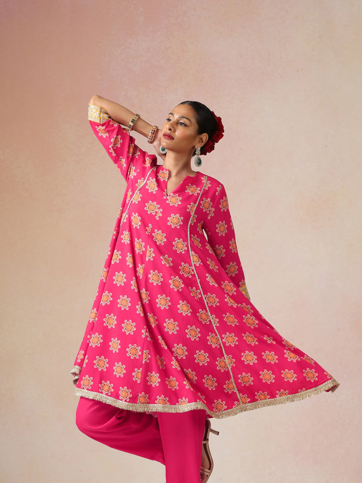 Pink Boota Print Viscose Flared Kurta Co-ord Set | SHOBITAM