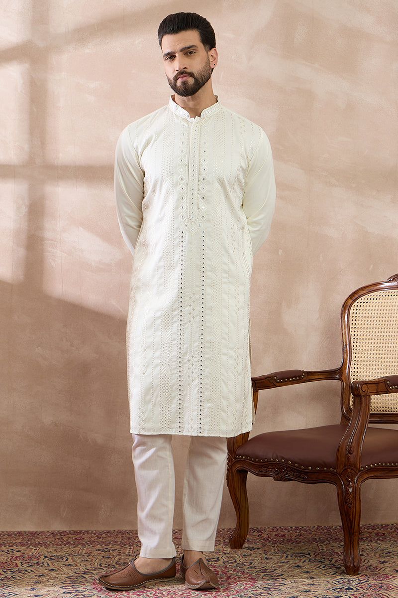 White Silk Blend Embroidered Mandarin Collar Straight Kurta With Trouser | SHOBITAM