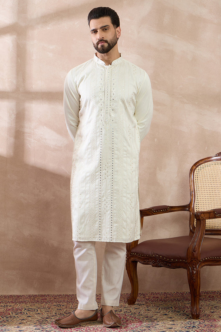 White Silk Blend Embroidered Mandarin Collar Straight Kurta With Trouser | SHOBITAM