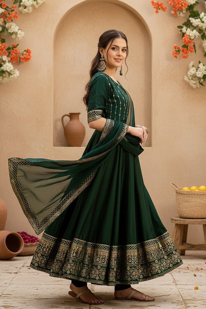Green Silk Blend Woven Design Anarkali Suit Set | SHOBITAM