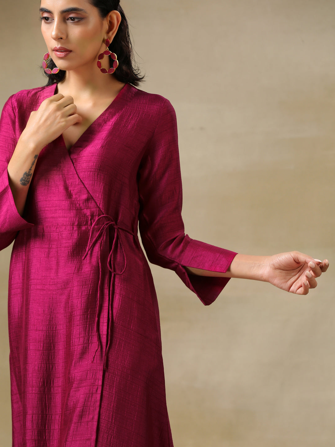Purple Textured Silk Angrakha Kurta Pant Set | SHOBITAM