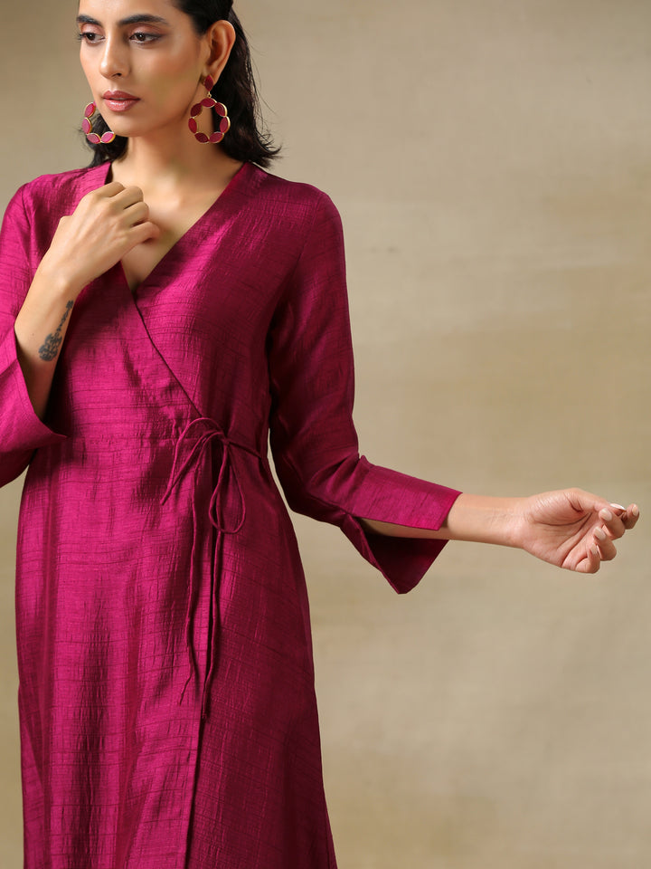 Purple Textured Silk Angrakha Kurta Pant Set | SHOBITAM