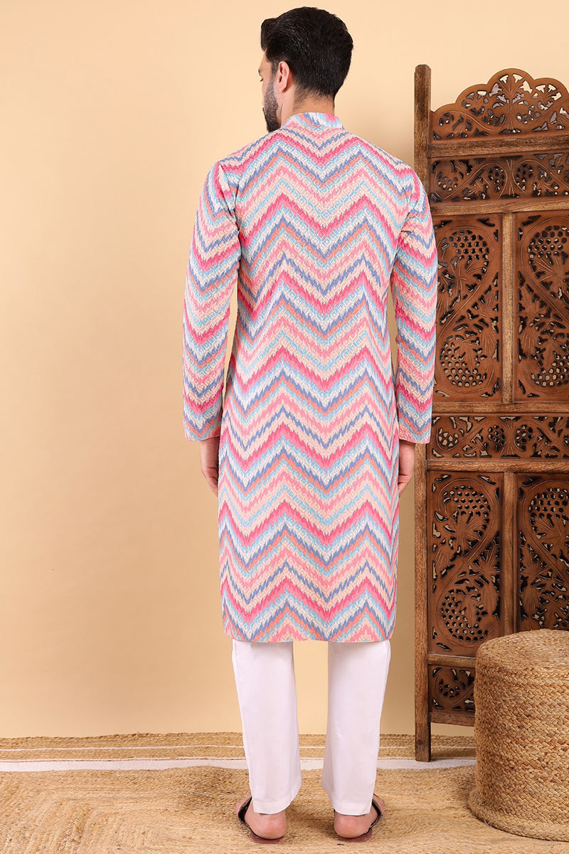 Pink Viscose Rayon Ikat Embroidered Straight Kurta For Men | SHOBITAM