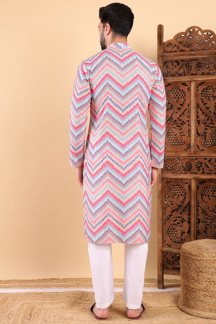 Pink Viscose Rayon Ikat Embroidered Straight Kurta For Men | SHOBITAM
