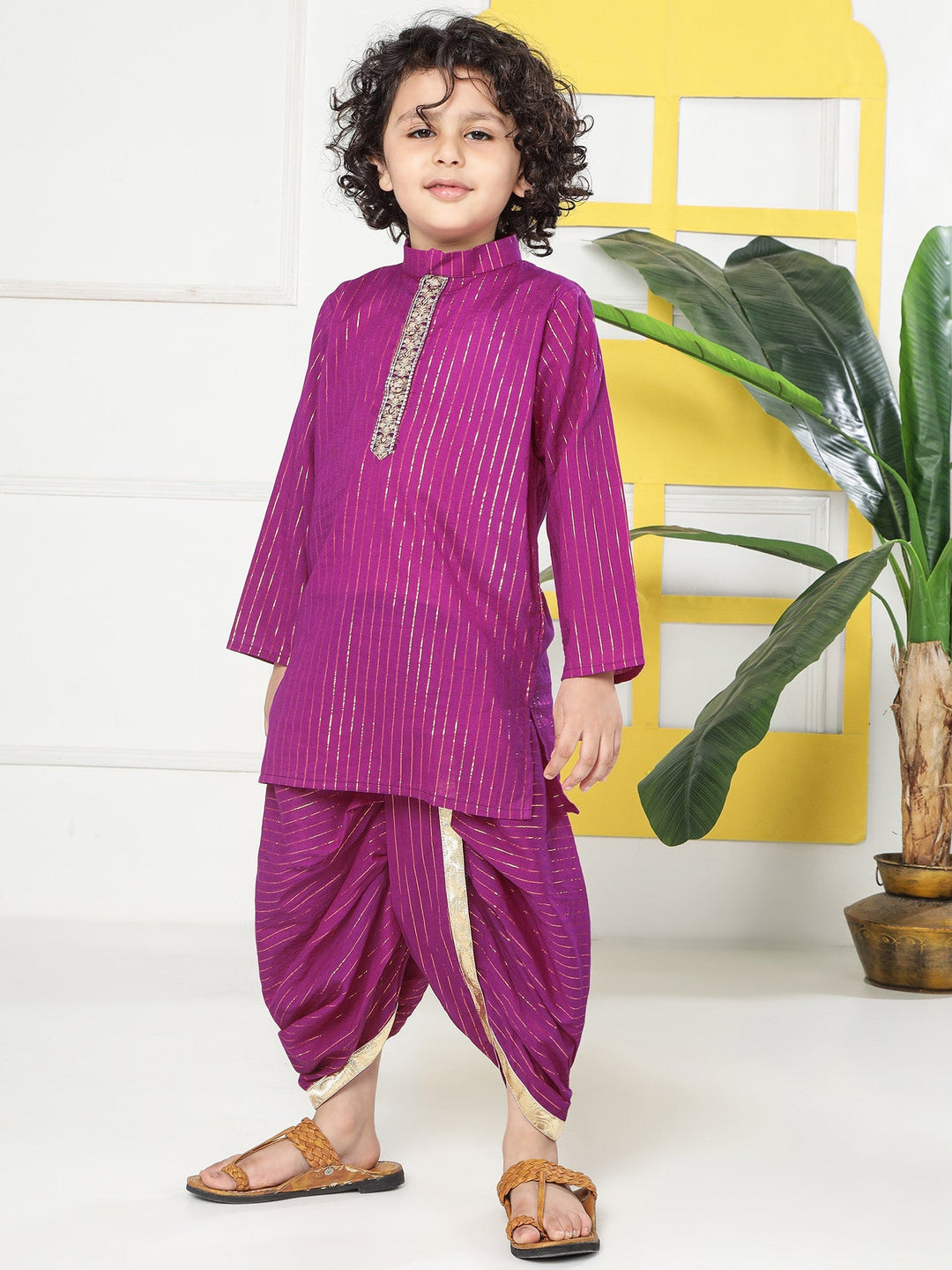 Purple Lurex Striped Cotton Kurta Dhoti set | SHOBITAM