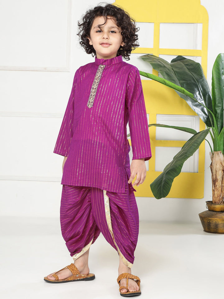 Purple Lurex Striped Cotton Kurta Dhoti set | SHOBITAM