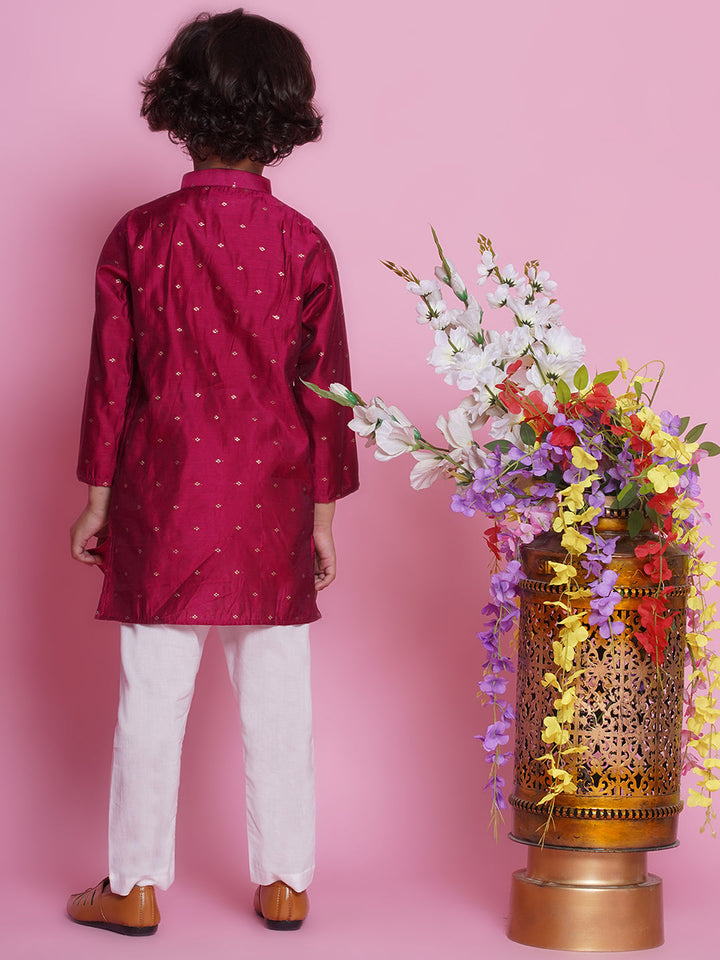 Cotton Silk Full Sleeves Zari Embroidered Kurta with Pyjama - Hot Pink | SHOBITAM