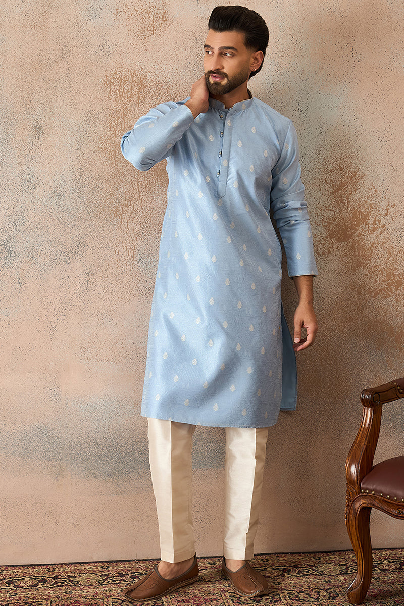 Mens Blue Silk Blend Floral Straight Kurta With Trouser | SHOBITAM