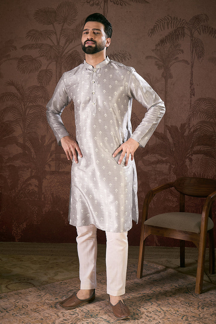 Grey Silk Blend Floral Printed Straight Kurta For Men | SHOBITAM