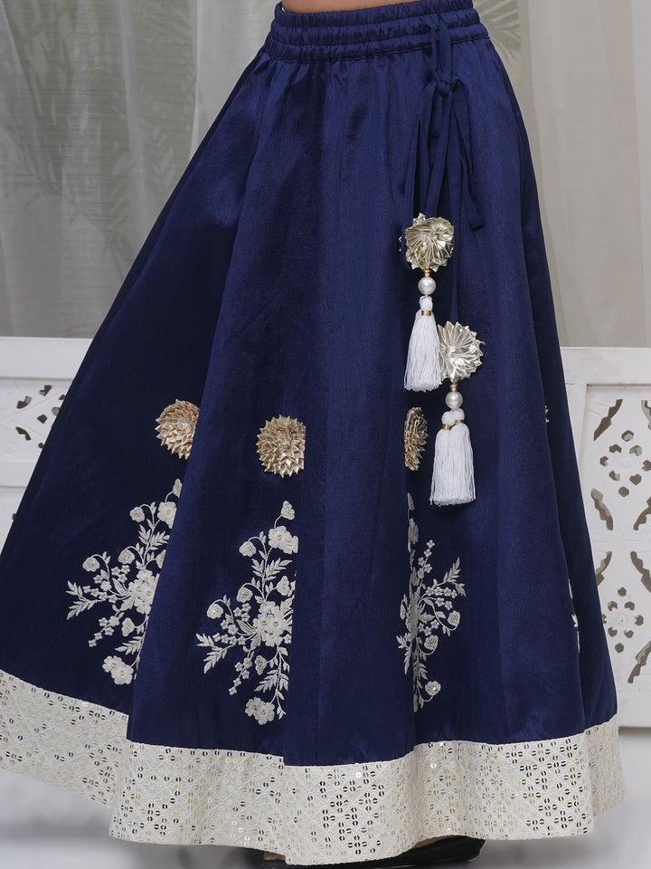 Girls Silk Brocade Kali Work Lehenga with Floral Thread Work & Sequin work Sleeveless Blouse with Dupatta - Royal Blue | SHOBITAM