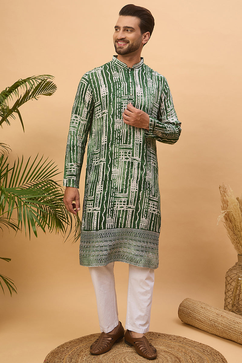 Green Viscose Rayon Batik Embroidered Straight Kurta | SHOBITAM