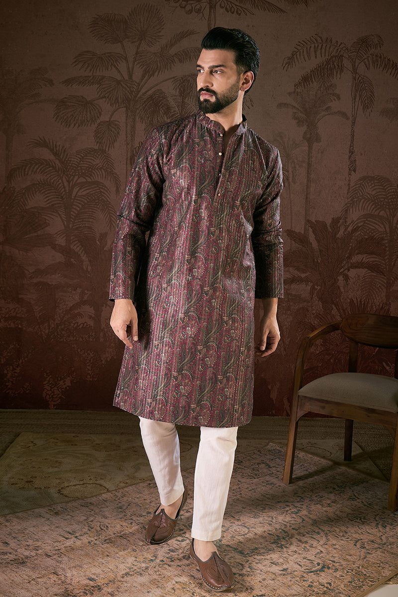 Purple Silk Blend Ethnic Motifs Printed Straight Kurta For Men | SHOBITAM
