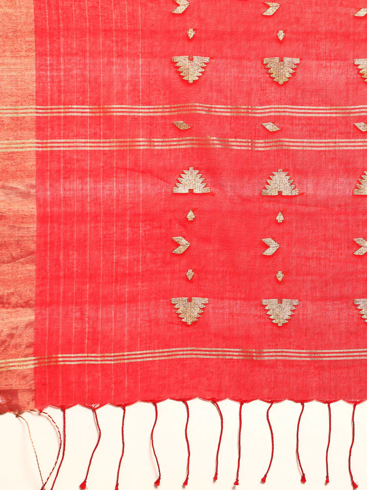 Red Handloom Zari buti Jamdani Cotton Saree with blouse piece