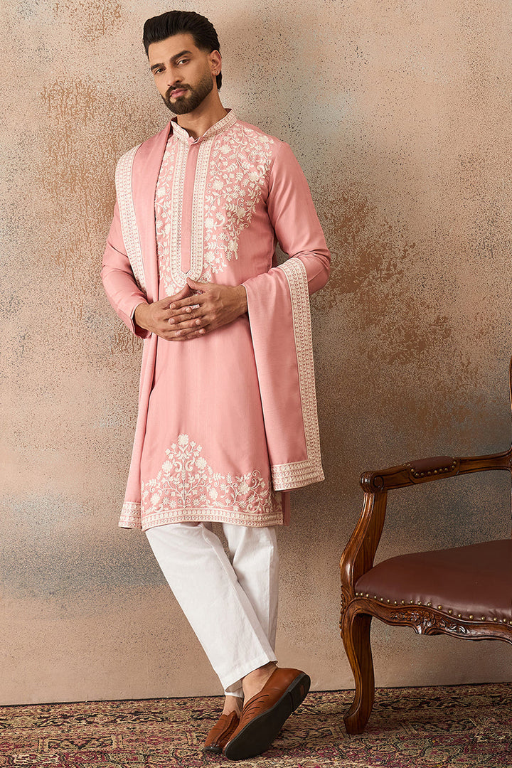 Mens Peach Silk Blend Solid Embroidered Kurta Trouser With Dupatta | SHOBITAM