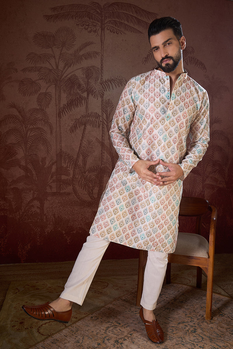 White Silk Blend Ethnic Motifs Printed Straight Kurta With Trouser | SHOBITAM