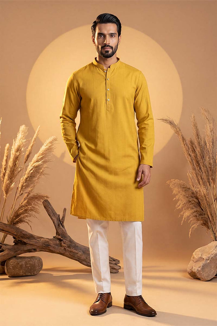 Mens Yellow Silk Blend Solid Solid Kurta With Trousers | SHOBITAM