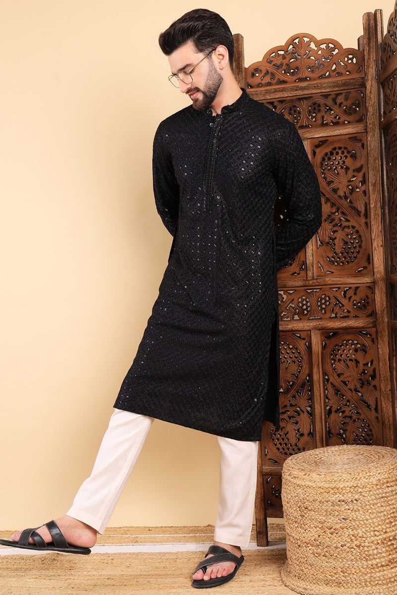 Black Viscose Rayon Solid Embroidered Straight Kurta For Men | SHOBITAM