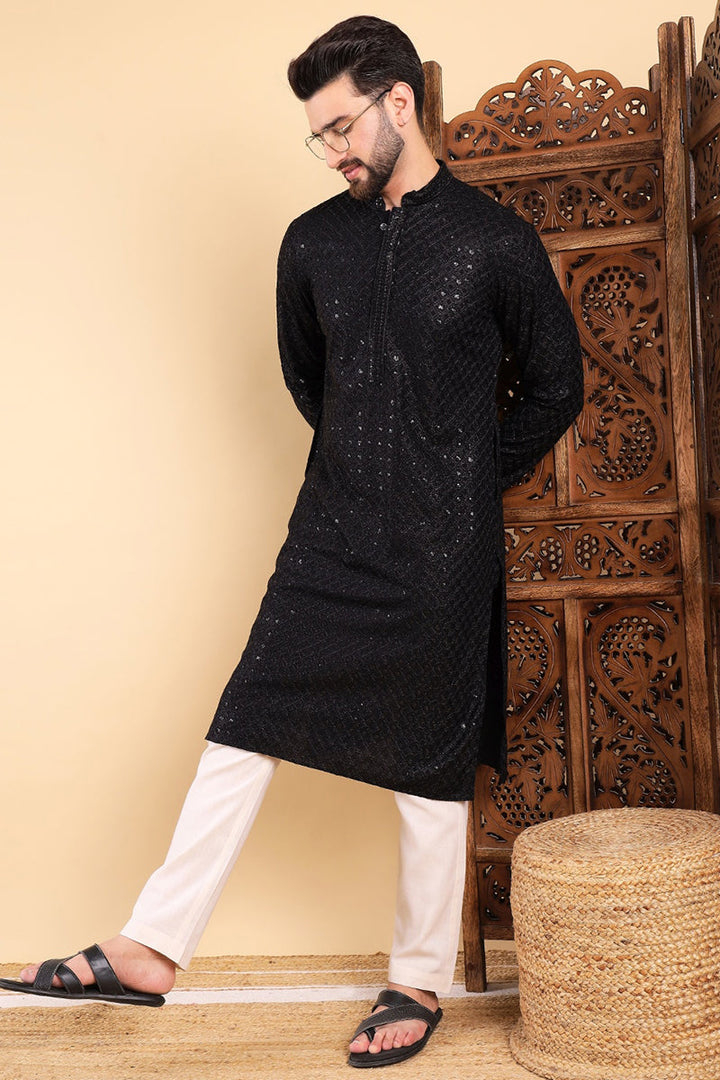Black Viscose Rayon Solid Embroidered Straight Kurta For Men | SHOBITAM