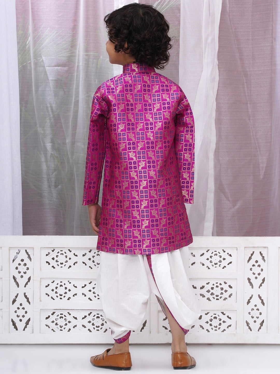 Boys Silk Brocade Full Sleeves Sherwani and Dhoti with Bird Embroidery & Kundan Buttons- Magenta | SHOBITAM