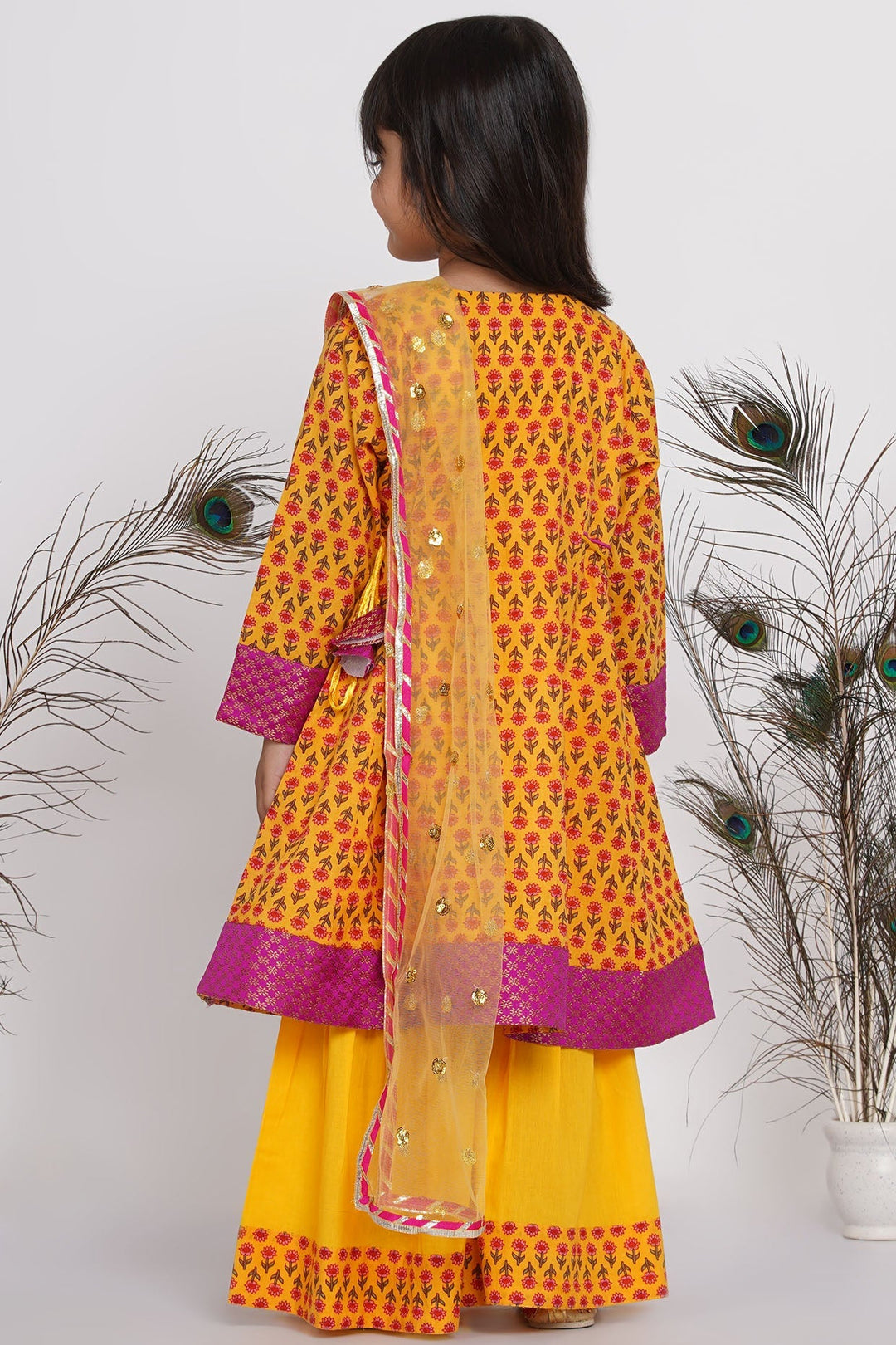 Girls Cotton Jaipuri Princecut Kurta frock with buti work, Sharara, and Dupatta | SHOBITAM