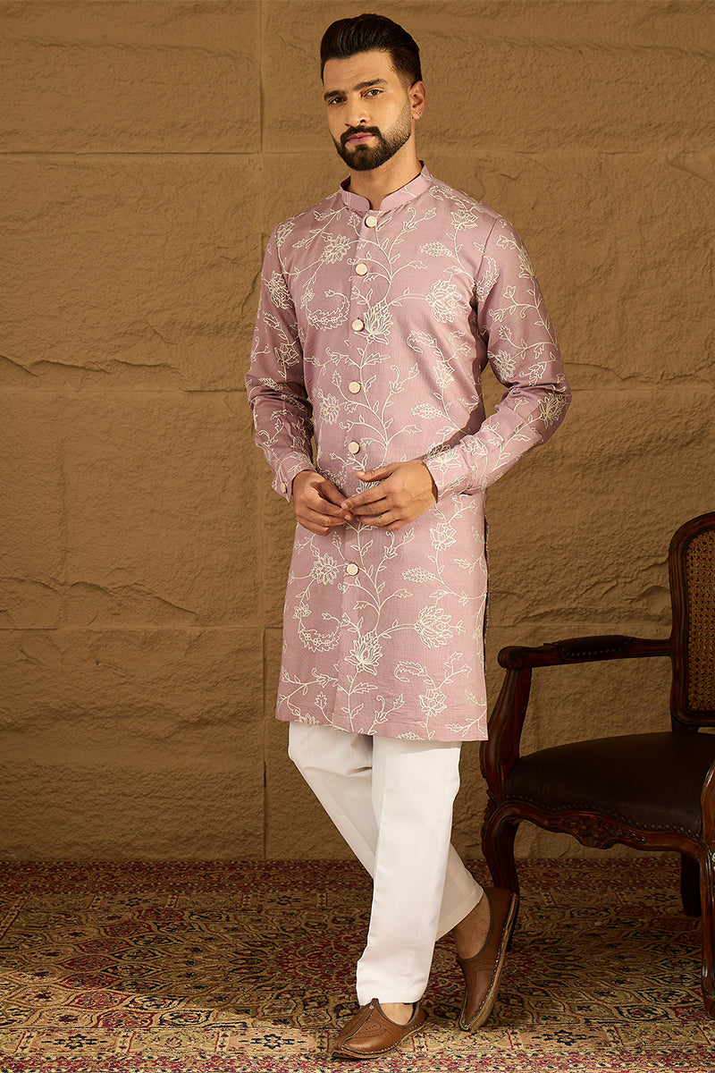 Lavender Viscose Rayon Solid Embroidered Straight Kurta with Trouser | SHOBITAM