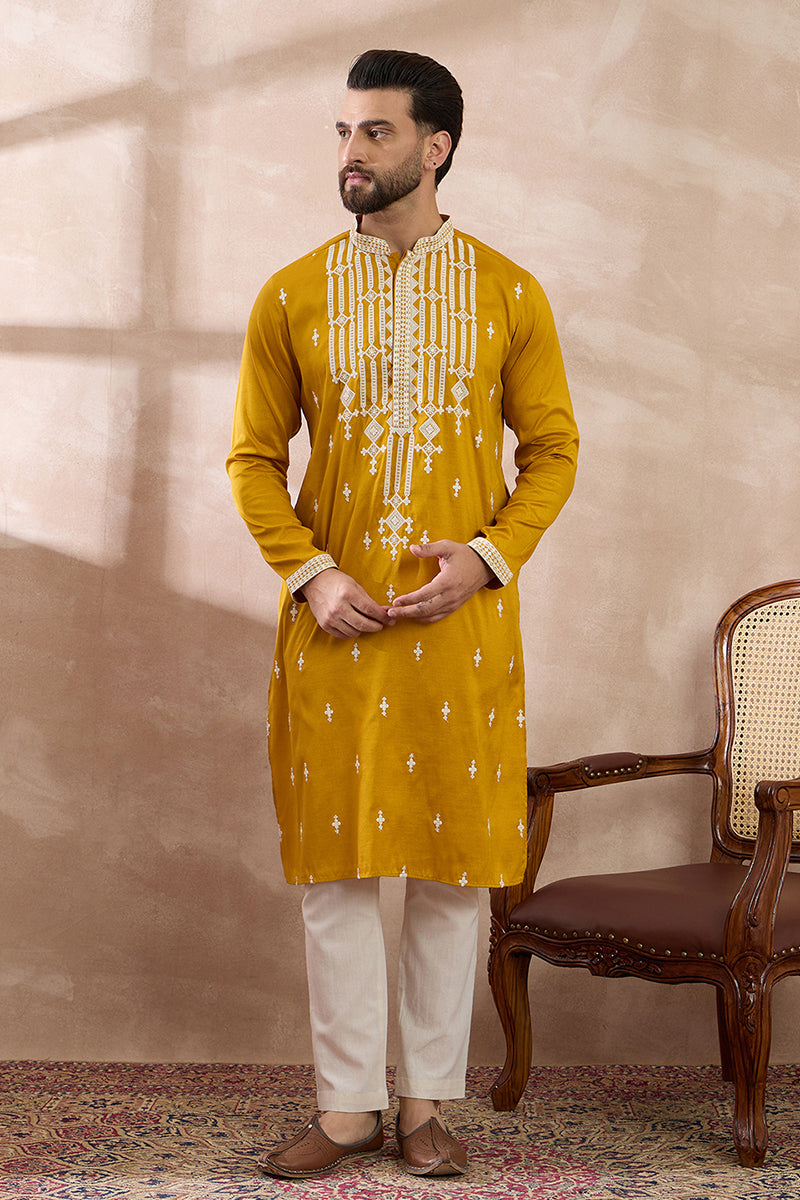 Yellow Silk Blend Embroidered Mandarin Collar Straight Kurta With Trouser | SHOBITAM