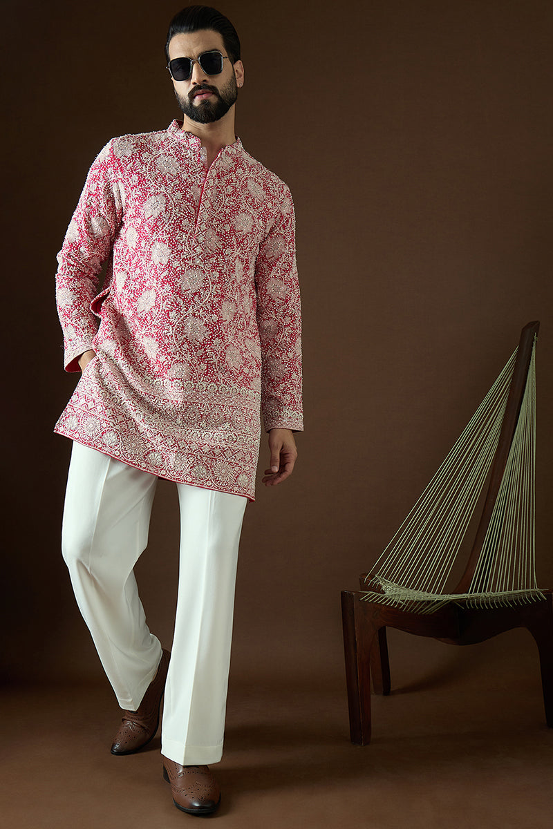 Pink Georgette Solid Embroidered Straight Kurta | SHOBITAM