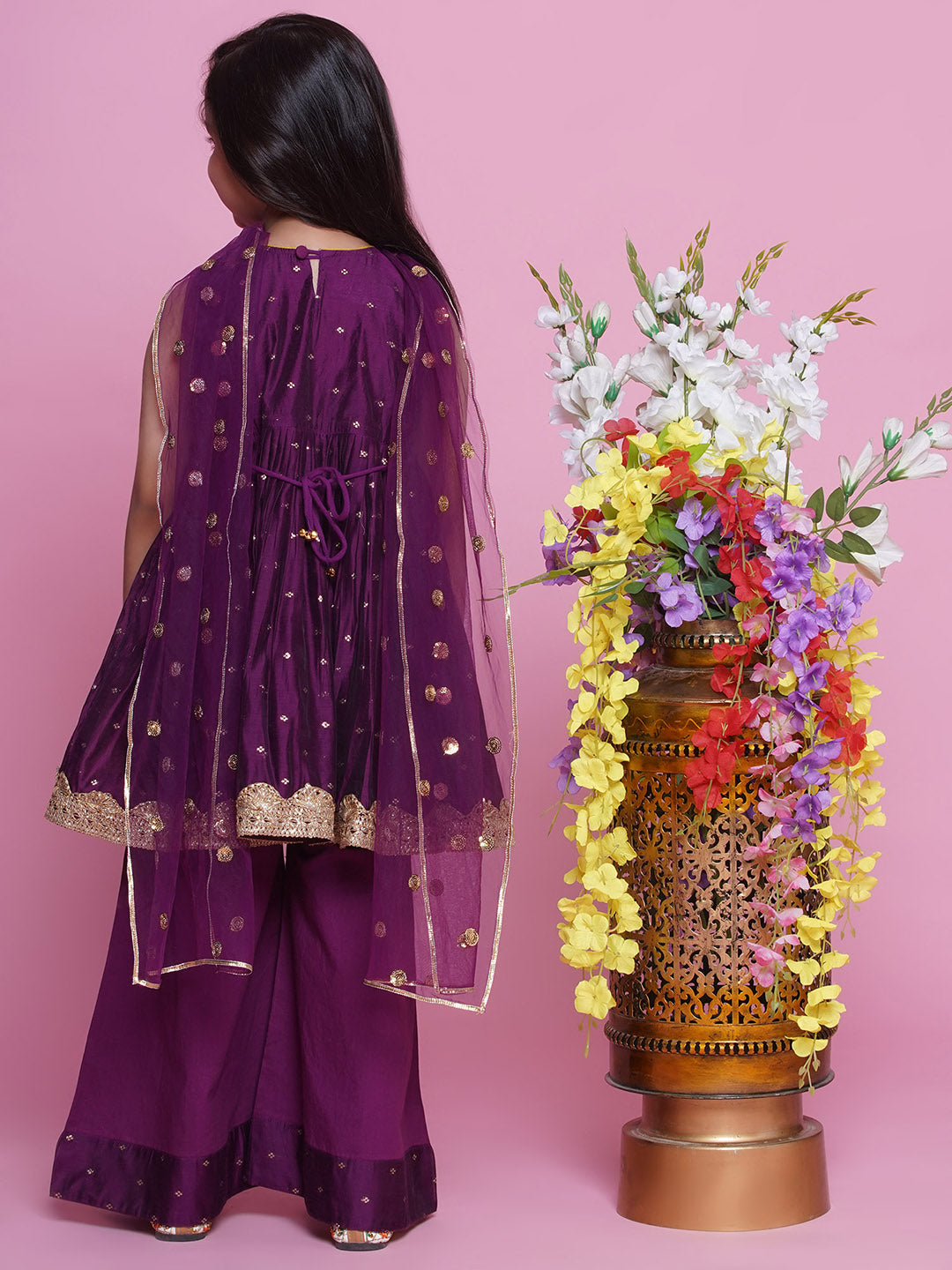 Girls Chanderi Cotton Sleeveless Kurta Frock with Plazzo and Dupatta with Boota, Lace & Tussel work - Royal Purple | SHOBITAM