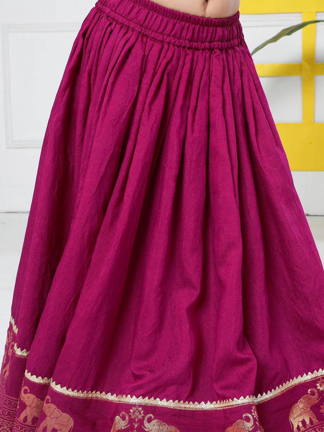 Grapevine Elephant Zari Embroidery Chanderi Cotton Lehenga with Stitched Green Blouse Set | SHOBITAM