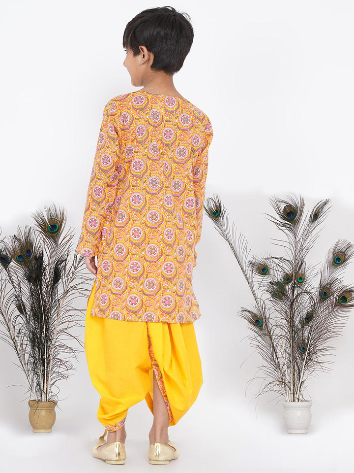 Boys Floral Kurta with Pearl Buttons and Dhoti in Yellow  | SHOBITAM