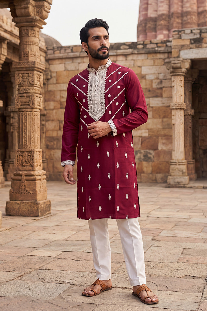 Maroon Silk Blend Embroidered Straight Kurta | SHOBITAM