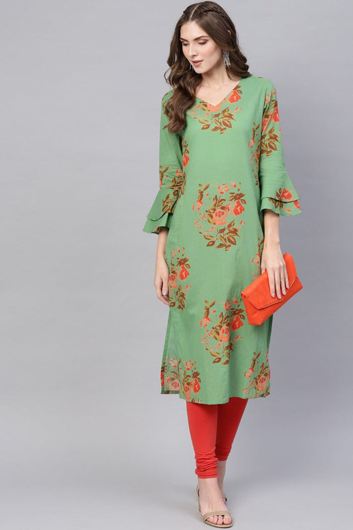 Regular Wear Cotton Fabric Printed Sea Green Color Simple Kurti | SHOBITAM