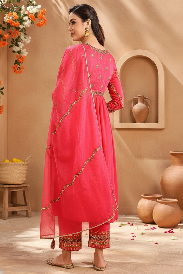 Pink Silk Blend Solid Embroidered Flared Suit Set | SHOBITAM