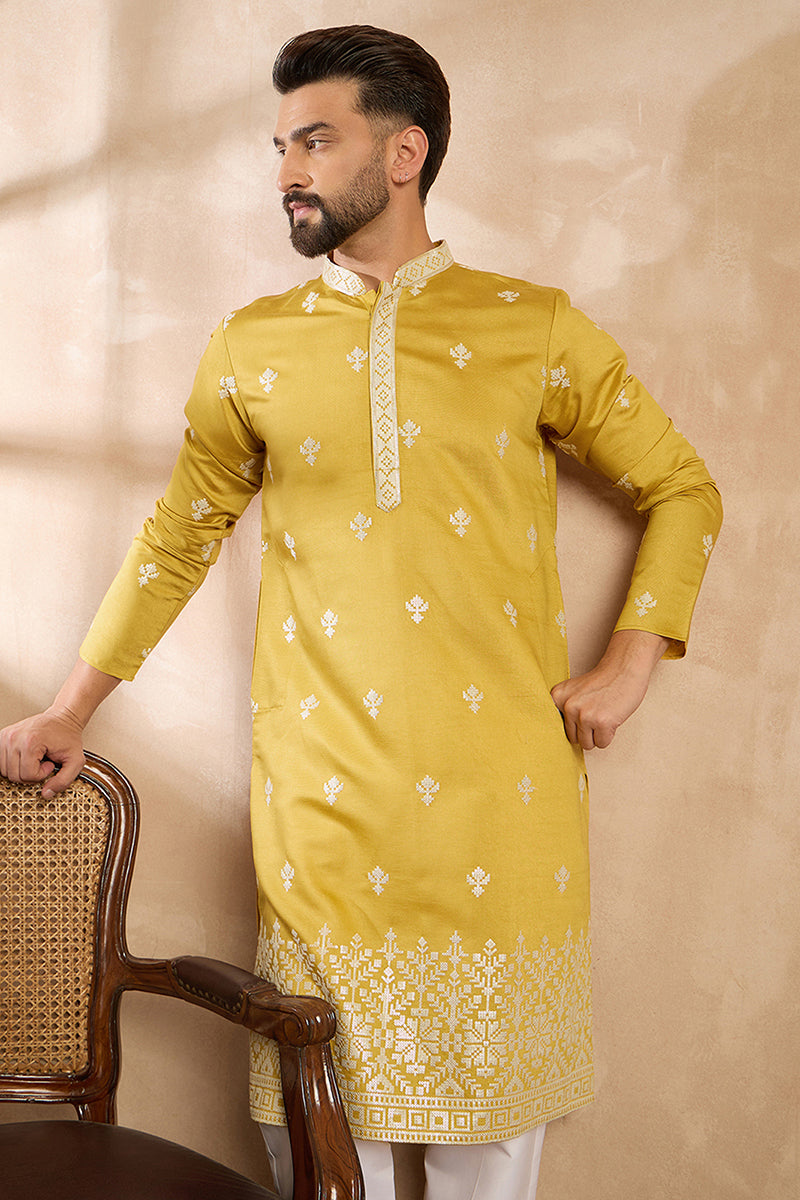 Yellow Polyester Solid Embroidered Straight Kurta With Trouser | SHOBITAM