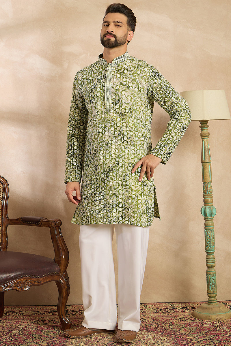 Green Viscose Rayon Batik Embroidered Straight Kurta | SHOBITAM
